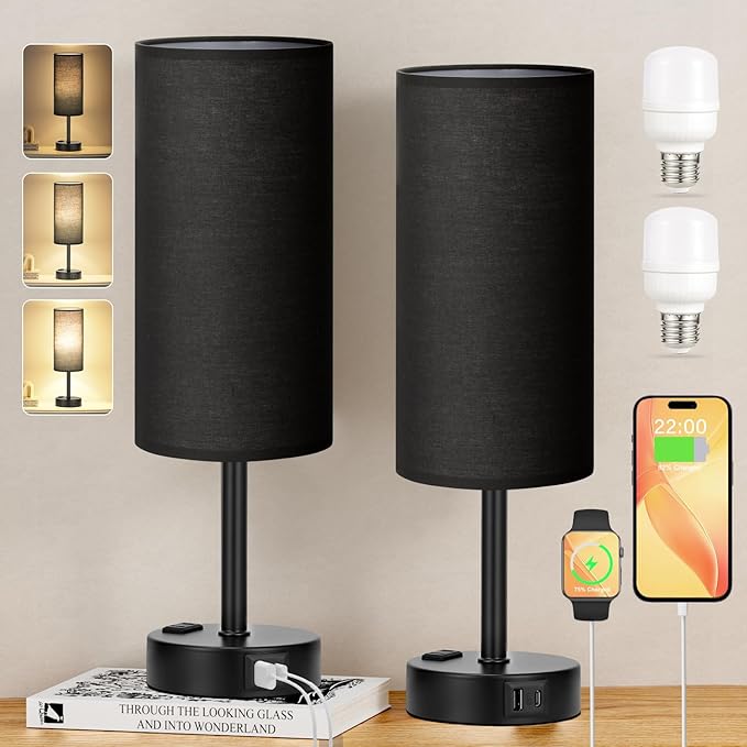 Black Touch Table Lamps Set - 3 Way Dimmable Bedroom Bedside Lamps Set of 2 with USB C and A Ports, Small Lamps for Nightstand with AC Outlet, Round Flaxen Shade for Desk, Office, Dorm, Nursery - LeafyLoom