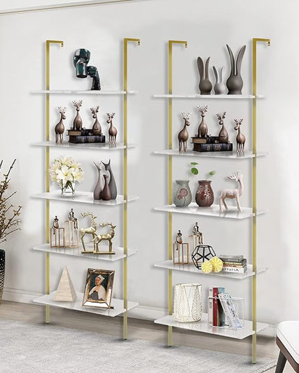 aboxoo Ladder Shelf White Marble Bookshelf 5-Tier Wall-Mounted Wood Rack Industrial Modern Plant Flower Stand Utility Organizer Open Bookcase Metal Frame Furniture Office Kitchen Bedroom - LeafyLoom