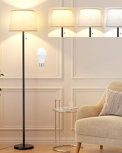 Floor Lamps for Living Room - 3 Color Temp(3000/4000/5000K) Standing Lamp with Pull Chain Switch, Black Floor Lamp with Lampshade, Modern Tall Light for Bedroom Office(9W Bulb Included) - LeafyLoom