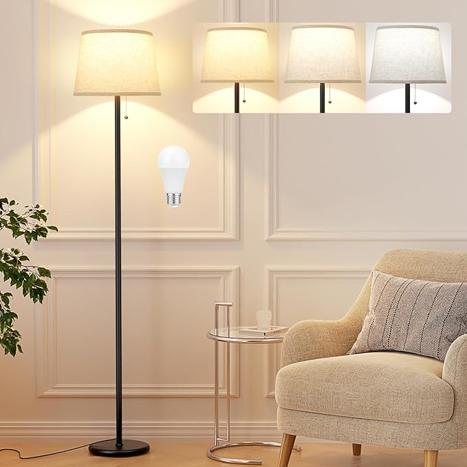 Floor Lamps for Living Room - 3 Color Temp(3000/4000/5000K) Standing Lamp with Pull Chain Switch, Black Floor Lamp with Lampshade, Modern Tall Light for Bedroom Office(9W Bulb Included) - LeafyLoom