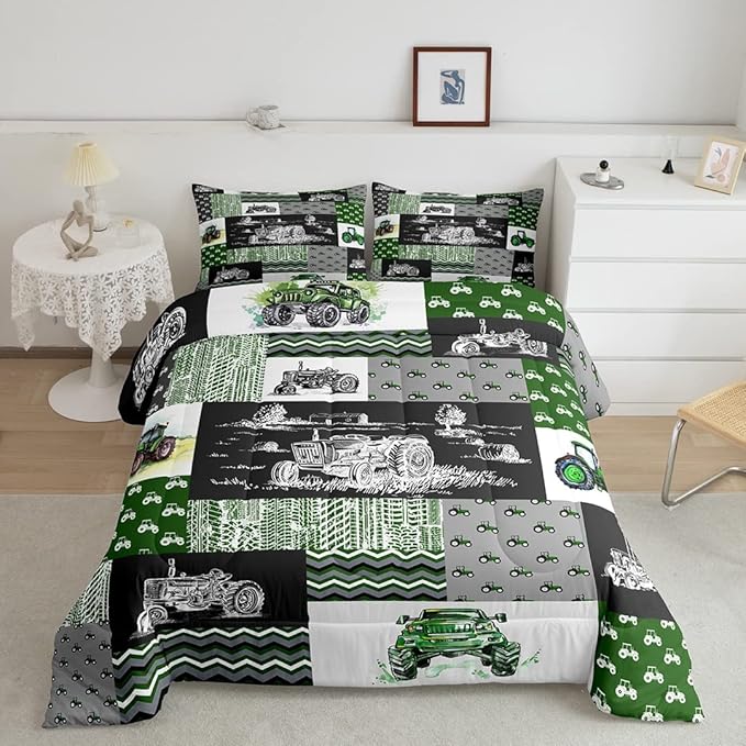Tractor Bedding Set Twin Size Equipment Trucks Comforter Set Farmhouse Harvester Down Comforter for Kids Boys Car Bedroom Decor Green Vehicle Quilt Set Plaid Comforter with 1 Pillowcase, Grey - LeafyLoom