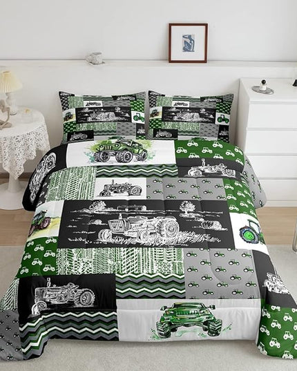 Equipment Trucks Comforter Set Queen, Tractor Down Comforter, Green Vehicle Duvet Set for Child Kids Child Boys Teens Construction Excavator Construction Site Car Quilt Set for Bedroom Decor Gift - LeafyLoom