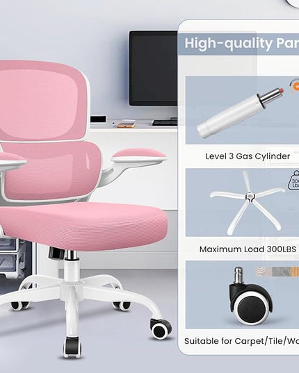 Office Chair, Ergonomic Desk Chair with Lumbar Support and Adjustable Armrests, Comfy Desk Chair Breathable Mesh Mid Back Computer Chair, Reclining Office Chair for Home Office - Pink - LeafyLoom
