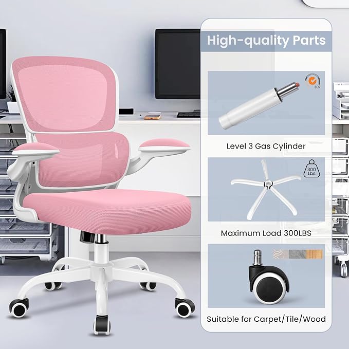 Office Chair, Ergonomic Desk Chair with Lumbar Support and Adjustable Armrests, Comfy Desk Chair Breathable Mesh Mid Back Computer Chair, Reclining Office Chair for Home Office - Pink - LeafyLoom