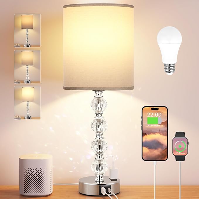 Acaxin Touch Bedside Crystal Lamps for Bedrooms Nightstand with USB C+A Charging Port and AC Outlet White, 3 Way Dimmable Silver Large End Side Table Lamp for Living/Dinning Room/Kitchen/Bedroom - LeafyLoom