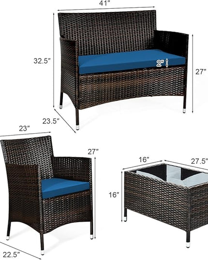 Goplus 4-Piece Rattan Patio Set, Outdoor/Indoor Wicker Conversation Set for Pool, Backyard, Lawn, Wicker Chairs and Sofa with Soft Cushion, Rattan Furniture with Tempered Glass Coffee Table - LeafyLoom