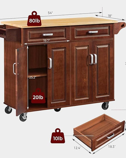 54" Rolling Kitchen Island on Wheels, Large Kitchen Island Cart with Storage Cabinet, Portable Wood Island Table for Kitchen with 2 Drawers and Spice Rack & Towel Rack, Rustic Brown - LeafyLoom
