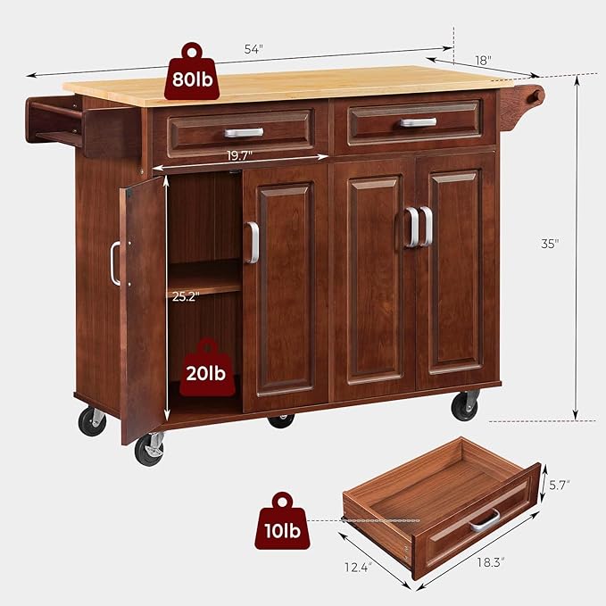 54" Rolling Kitchen Island on Wheels, Large Kitchen Island Cart with Storage Cabinet, Portable Wood Island Table for Kitchen with 2 Drawers and Spice Rack & Towel Rack, Rustic Brown - LeafyLoom