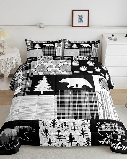 Bear Plaids Comforter Set Queen Size,Pine Trees Animals Hunting Bedding Set for Kids Boys Girls Adults Room Decor,Adventure Rustic Farmhouse Down Comforter,Black Retro Duvet Insert,2 Pillowcases - LeafyLoom