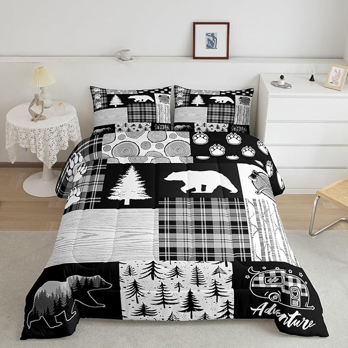 Bear Plaids Comforter Set Queen Size,Pine Trees Animals Hunting Bedding Set for Kids Boys Girls Adults Room Decor,Adventure Rustic Farmhouse Down Comforter,Black Retro Duvet Insert,2 Pillowcases - LeafyLoom