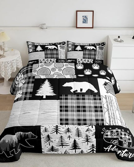 Manfei Bear Plaids Comforter Set Twin Size,Pine Trees Animals Hunting Bedding Set for Kids Boys Girls Adults Room Decor,Adventure Rustic Farmhouse Down Comforter,Black Retro Duvet Insert,1 Pillowcase - LeafyLoom