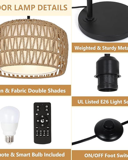 Arc Floor Lamp with Remote, Dimmable Rattan Floor Lamp with LED Bulb, Boho Farmhouse Tall Pole Lamp with Rattan & Fabric Shades, Modern Black Standing Lamps for Living Room Bedroom Nursery - LeafyLoom