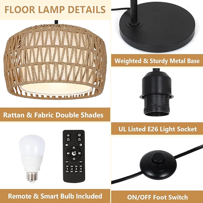 Arc Floor Lamp with Remote, Dimmable Rattan Floor Lamp with LED Bulb, Boho Farmhouse Tall Pole Lamp with Rattan & Fabric Shades, Modern Black Standing Lamps for Living Room Bedroom Nursery - LeafyLoom