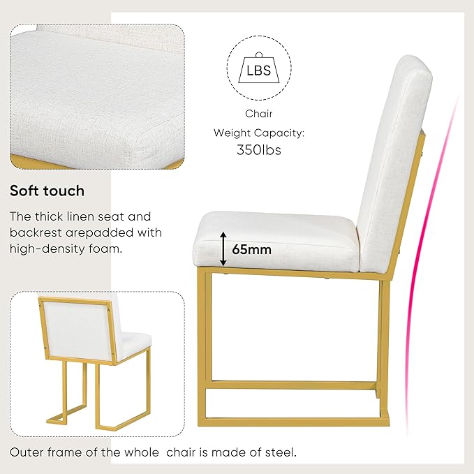 60 Inch Dining Table Set for 6, Modern Dining Room Table Set with Artificial Marble Sticker Tabletop and 6 Upholstered Linen Chair with Golden Steel Legs for Living Room, White+Gold - LeafyLoom