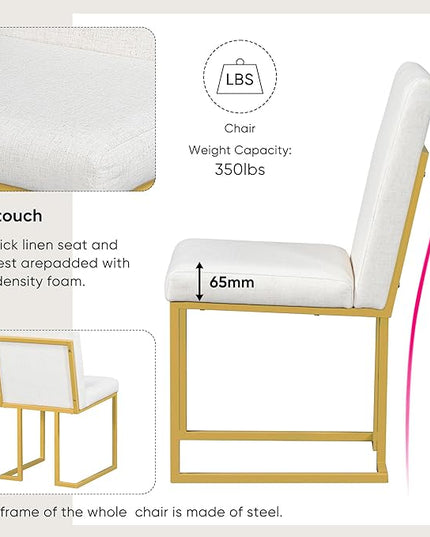 7-Piece Modern Dining Table Set, Artificial Marble Sticker Tabletop and 6 Upholstered Linen Chairs All with Golden Steel Legs for Dinette Room and Kitchen (White+Gold), 60" L x 36" W x 30" H - LeafyLoom