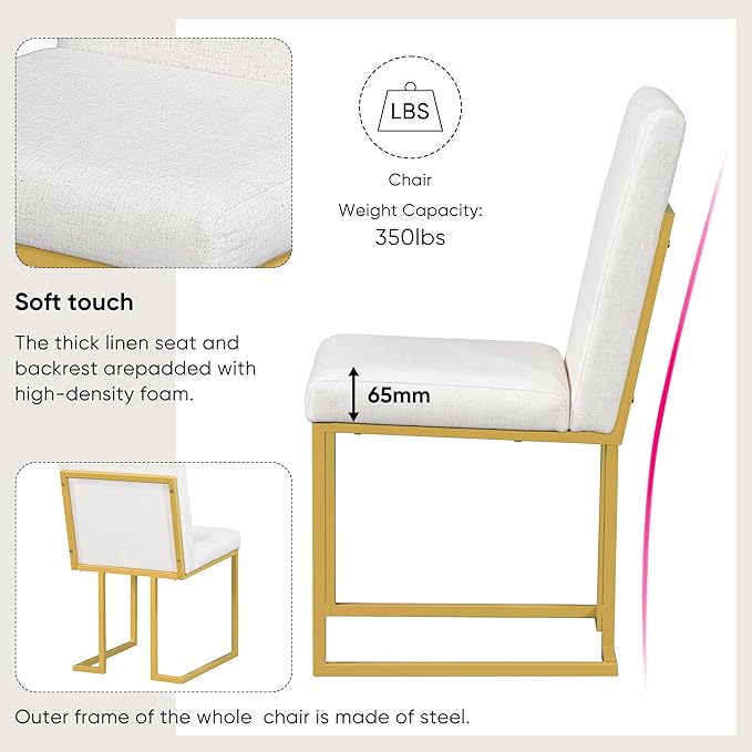 7-Piece Modern Dining Table Set, Artificial Marble Sticker Tabletop and 6 Upholstered Linen Chairs All with Golden Steel Legs for Dinette Room and Kitchen (White+Gold), 60" L x 36" W x 30" H - LeafyLoom