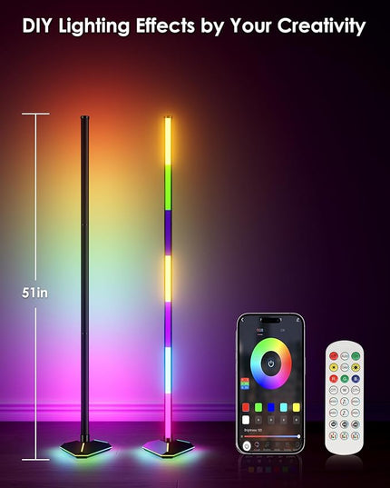 2PCS Corner Floor Lamp with Illuminated Base, RGB LED Corner Lamp with Remote Control, Dimmable Modern Floor Lamp with Music Sync, Color Changing Standing Floor Lamp for Living Room Game Room - LeafyLoom