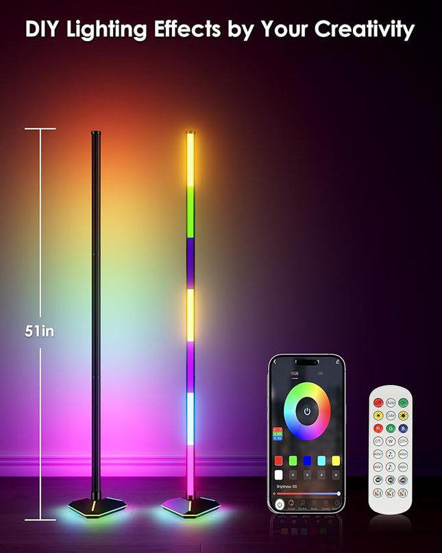 2PCS Corner Floor Lamp with Illuminated Base, RGB LED Corner Lamp with Remote Control, Dimmable Modern Floor Lamp with Music Sync, Color Changing Standing Floor Lamp for Living Room Game Room - LeafyLoom