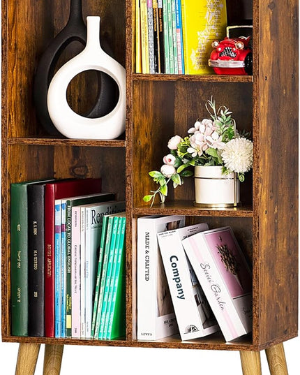 LEYAOYAO 5 Cube Small Bookshelf,3 Tier Mid-Century Bookcase with Legs,Wood Bookshelves Storage Organizer Shelf,Narrow Book Shelves,Brown Bookcases - LeafyLoom