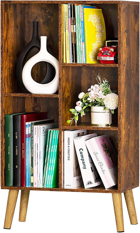 LEYAOYAO 5 Cube Small Bookshelf,3 Tier Mid-Century Bookcase with Legs,Wood Bookshelves Storage Organizer Shelf,Narrow Book Shelves,Brown Bookcases - LeafyLoom