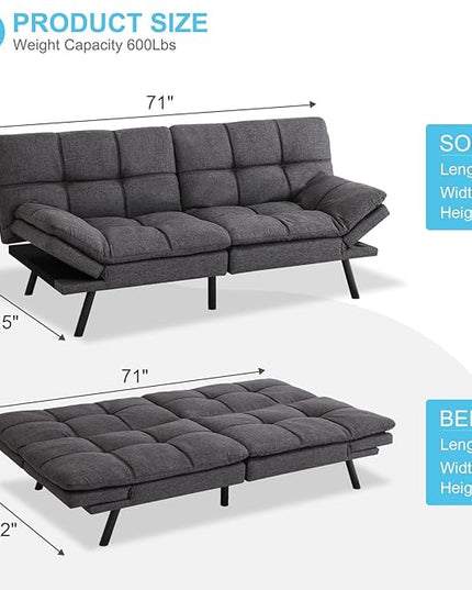 MUUEGM Futon Sofa Bed Couch - Convertible Sofa Bed, Loveseat Sleeper Sofa with Adjustable Backrest, Memory Foam Folding Futon for Living Room, Small Space, Apartment, Office, Grey - LeafyLoom