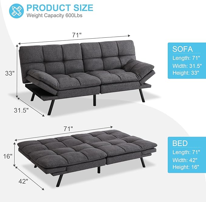 MUUEGM Futon Sofa Bed Couch - Convertible Sofa Bed, Loveseat Sleeper Sofa with Adjustable Backrest, Memory Foam Folding Futon for Living Room, Small Space, Apartment, Office, Grey - LeafyLoom