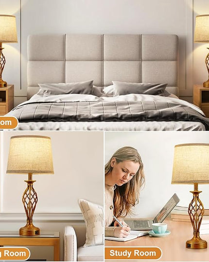 Table Lamp for Bedroom Set of 2 with USB C+A Ports - Modern Gold Bedside Lamps with Spiral Cage Base Fabric Shade - Nightstand Lamp for Living Room Reading Bed Side End Table 2 LED Bulbs Included - LeafyLoom