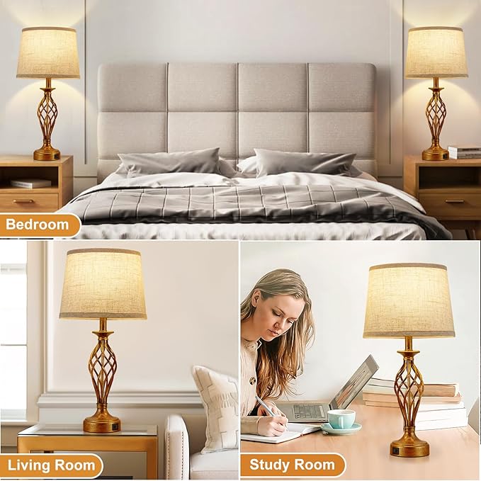Table Lamp for Bedroom Set of 2 with USB C+A Ports - Modern Gold Bedside Lamps with Spiral Cage Base Fabric Shade - Nightstand Lamp for Living Room Reading Bed Side End Table 2 LED Bulbs Included - LeafyLoom