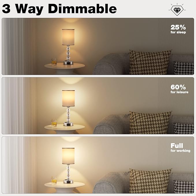 Grey Touch Bedside Lamps for Bedrooms - Crystal Table Lamp with USB C+A Charging Port and AC Outlet Nightstand, 3 Way Dimmable Silver Small End Side Table Lamp for Living/Guest/Dinning Room/Kitchen - LeafyLoom