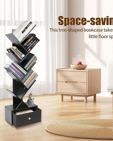 8-Tier Bookshelf Tree Bookshelf Book Tree with Drawer Wooden Bookshelves Storage Rack for CDs/Books, Shelves for Bedroom, Living Room & Office (Black) - LeafyLoom