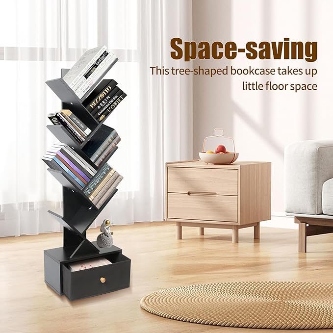 8-Tier Bookshelf Tree Bookshelf Book Tree with Drawer Wooden Bookshelves Storage Rack for CDs/Books, Shelves for Bedroom, Living Room & Office (Black) - LeafyLoom