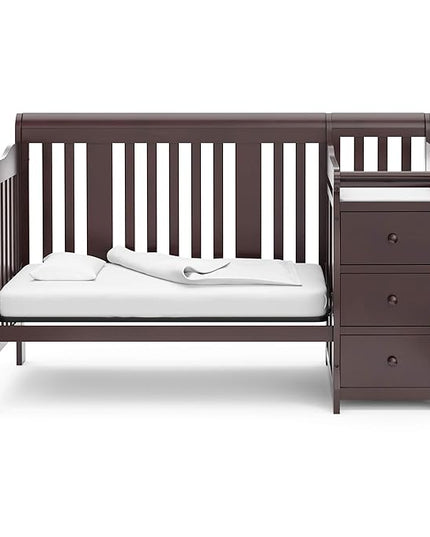 Storkcraft Portofino 5-in-1 Convertible Crib and Changer (Espresso) – Crib and Changing -Table Combo with 3 Drawers, Includes Baby Changing Pad, Converts to Full-Size Bed - LeafyLoom