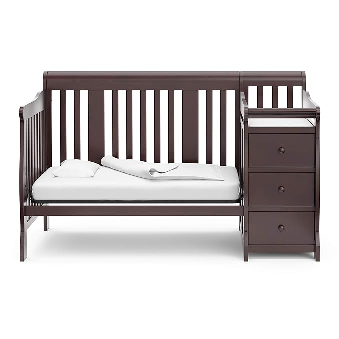 Storkcraft Portofino 5-in-1 Convertible Crib and Changer (Espresso) – Crib and Changing -Table Combo with 3 Drawers, Includes Baby Changing Pad, Converts to Full-Size Bed - LeafyLoom