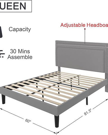 VECELO Queen Size Platform Bed Frame with Adjustable Upholstered Headboard, Modern Mattress Foundation,Strong Wood Slat Support, No Box Spring Needed, Easy Assembly - LeafyLoom