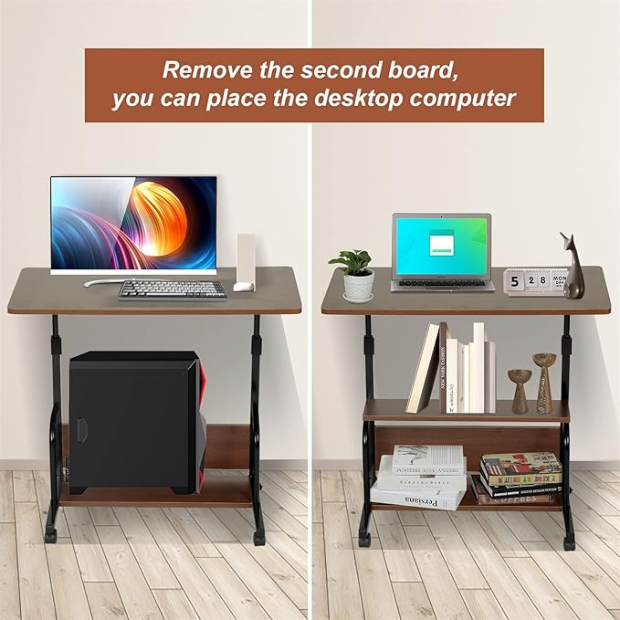 Portable Rolling Desk Adjustable Laptop Desk Small Standing Desk Home Office Desks for Small Spaces Table, 31.5" Brown Uplift Study Desk Mobile Computer Work Desk on Wheels - LeafyLoom