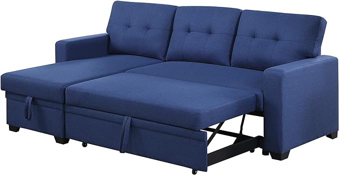 L Shaped Convertible Sofa, 82 Inch Sectional Couch Chaise, Linen Reversible Upholstered Pull Out Bed, Storage Space for Living Room, Apartment and Office, Blue, 82inch - LeafyLoom