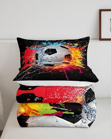 Kids Soccer Twin Size Comforter Set For Boys Football Sports Bedding Set Teen Colorful Grunge Hippie Tie Dye Quilt Comforter Red Blue Water Fire Lightning Duvet Insert Lightweight Bedroom Dorm Decor - LeafyLoom