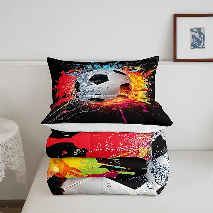 Kids Soccer Twin Size Comforter Set For Boys Football Sports Bedding Set Teen Colorful Grunge Hippie Tie Dye Quilt Comforter Red Blue Water Fire Lightning Duvet Insert Lightweight Bedroom Dorm Decor - LeafyLoom