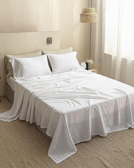 Simple&Opulence 100% Linen Sheet Set Solid Color-4 Pcs Washed French Linen Bed Sheets(1 Flat Sheet,1 Fitted Sheet,2 Pillowcases)-Breathable Bedding Set (White, Queen) - LeafyLoom