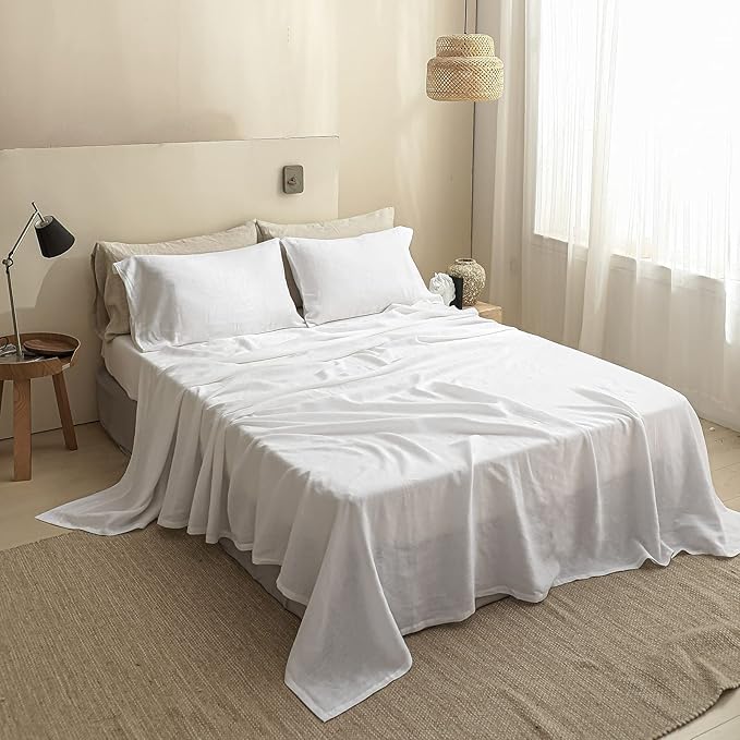 Simple&Opulence 100% Linen Sheet Set Solid Color-4 Pcs Washed French Linen Bed Sheets(1 Flat Sheet,1 Fitted Sheet,2 Pillowcases)-Breathable Bedding Set (White, Queen) - LeafyLoom
