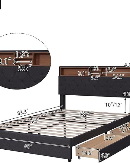 Queen Size Bed Frame with LED Headboard, USB Charging, Upholstered Platform Bed with Storage Drawers and Headboard, No Box Spring Needed, Dark Gray - LeafyLoom
