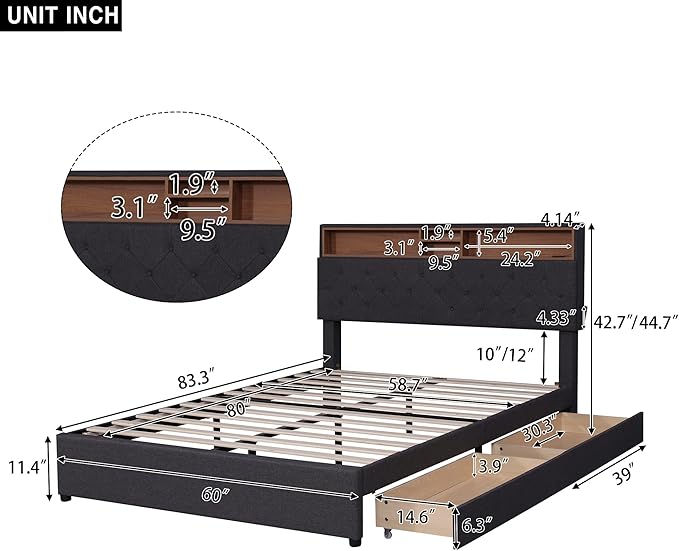 Queen Size Bed Frame with LED Headboard, USB Charging, Upholstered Platform Bed with Storage Drawers and Headboard, No Box Spring Needed, Dark Gray - LeafyLoom