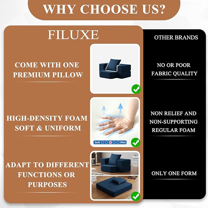 Convertible Folding Sofa - Modern Linen Fabric Coffee Table, Foldable Floor & Futon Couch, with Pillow for Living Room/Dorm/Guest Room/Home Office/Apartment,Single (2 in 1),Navy Blue - LeafyLoom