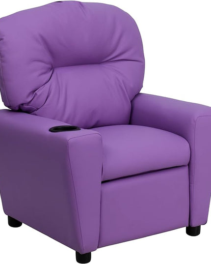 Flash Furniture Chandler Vinyl Kids Recliner with Cup Holder and Safety Recline, Contemporary Reclining Chair for Kids, Supports up to 90 lbs., Lavender - LeafyLoom