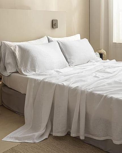 Simple&Opulence 100% Linen Sheet Set Solid Color- 6 Pcs Washed French Flax Bed Sheets (1 Flat Sheet, 1 Fitted Sheet, 4 Pillowcases) - Breathable Home Collection (Basic White, King) - LeafyLoom