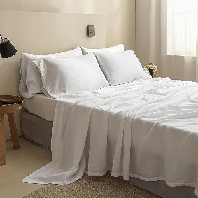 Simple&Opulence 100% Linen Sheet Set Solid Color- 6 Pcs Washed French Flax Bed Sheets (1 Flat Sheet, 1 Fitted Sheet, 4 Pillowcases) - Breathable Home Collection (Basic White, King) - LeafyLoom