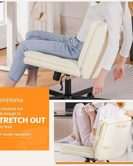 COMHOMA Criss Cross Chair with Wheels, Armless Wide Cross Legged Office Chair Mid Back, Modern Home Office Desk Chair Swivel Adjustable Vanity Computer Chair, Beige - LeafyLoom