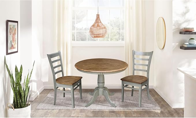 IC International Concepts 36" Round Top Pedestal Table with 2 Emily Chairs-Set of 3 Pieces Dining Sets, Onesize, Distressed Hickory/Stone - LeafyLoom