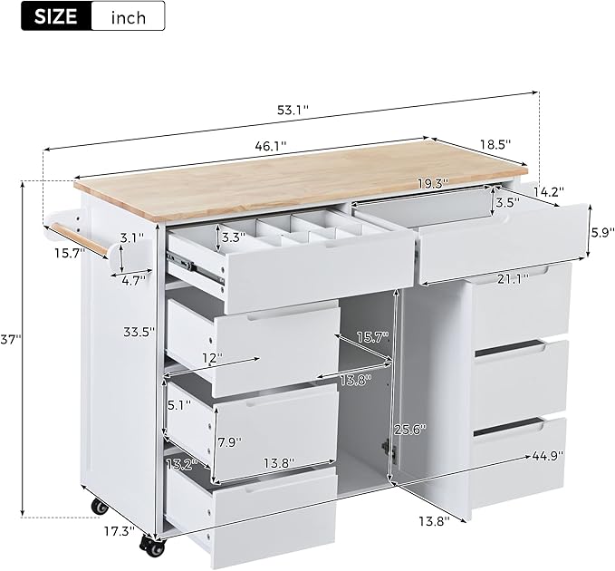 Mobile Cart with Rubber Wood Countertop, Kitchen Island on Lockable Wheels w/Drawer and Storage Cabinet for Dining Room, Bar, White, 53.15 Inch - LeafyLoom
