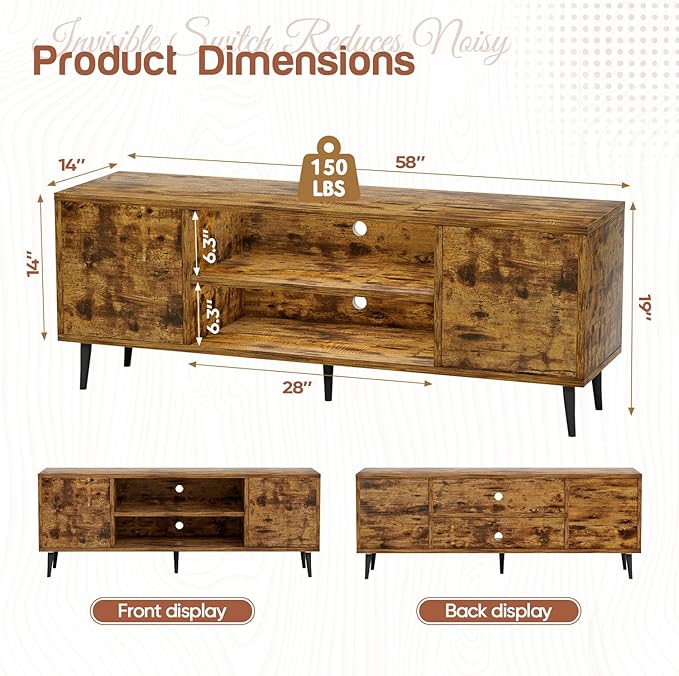YESHOMY Modern Retro TV Stand for Television up to 65", Entertainment Center with Two Storage Cabinet and Shelf, Media Console for Living Room, Bedroom, Enterway, Office, 58 Inch, Retro Brown - LeafyLoom